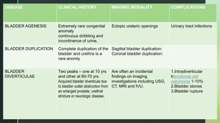 z
DISEASE CLINICAL HISTORY IMAGING MODALITY COMPLICATIONS
BLADDER AGENESIS Extremely rare congenital
anomaly
continuous dribbling and
incontinence of urine,
Ectopic ureteric openings Urinary tract infections
BLADDER DUPLICATION Complete duplication of the
bladder and urethra is a
rare anomly
Sagittal bladder duplication:
Coronal bladder duplication:
BLADDER
DIVERTICULAE
Two peaks – one at 10 yrs
and other at 60-70 yrs.
Acquired bladder diverticula due
to bladder outlet obstruction from
an enlarged prostate, urethral
stricture or neurologic disease.
Are often an incidental
findings on imaging
investigations including USG,
CT, MRI and IVU.
1.Intradiverticular
transitional cell
carcinoma 1-10%
2.Bladder stones
3.Bladder rupture
 