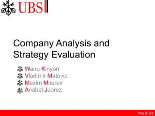 Company Analysis and Strategy Evaluation	 WairuKinyori Vladimir Matovic Maxim Miterev AnabelJuarez You & Us 