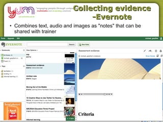 Collecting evidence
                               -Evernote
• Combines text, audio and images as "notes" that can be
  shared with trainer
 
