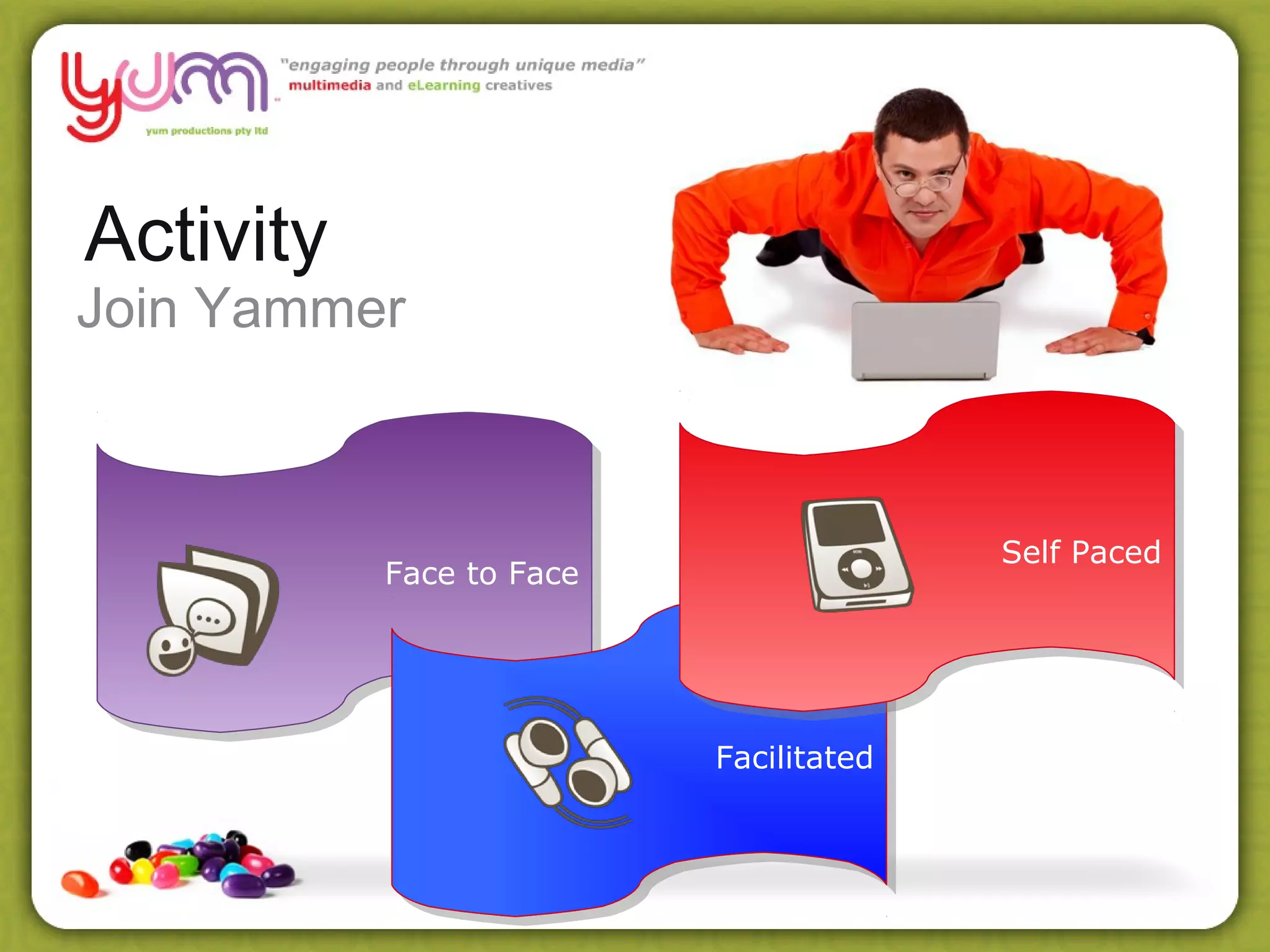 Activity
Join Yammer



                                        Self Paced
           Face to Face




                          Facilitated
 