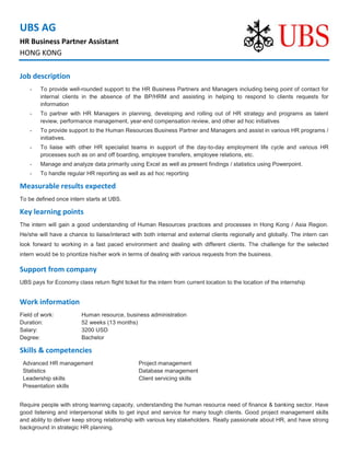 UBS AG
HR Business Partner Assistant
HONG KONG
Job description
- To provide well-rounded support to the HR Business Partners and Managers including being point of contact for
internal clients in the absence of the BP/HRM and assisting in helping to respond to clients requests for
information
- To partner with HR Managers in planning, developing and rolling out of HR strategy and programs as talent
review, performance management, year-end compensation review, and other ad hoc initiatives
- To provide support to the Human Resources Business Partner and Managers and assist in various HR programs /
initiatives.
- To liaise with other HR specialist teams in support of the day-to-day employment life cycle and various HR
processes such as on and off boarding, employee transfers, employee relations, etc.
- Manage and analyze data primarily using Excel as well as present findings / statistics using Powerpoint.
- To handle regular HR reporting as well as ad hoc reporting
Measurable results expected
To be defined once intern starts at UBS.
Key learning points
The intern will gain a good understanding of Human Resources practices and processes in Hong Kong / Asia Region.
He/she will have a chance to liaise/interact with both internal and external clients regionally and globally. The intern can
look forward to working in a fast paced environment and dealing with different clients. The challenge for the selected
intern would be to prioritize his/her work in terms of dealing with various requests from the business.
Support from company
UBS pays for Economy class return flight ticket for the intern from current location to the location of the internship
Work information
Field of work: Human resource, business administration
Duration: 52 weeks (13 months)
Salary: 3200 USD
Degree: Bachelor
Skills & competencies
Advanced HR management Project management
Statistics Database management
Leadership skills Client servicing skills
Presentation skills
Require people with strong learning capacity, understanding the human resource need of finance & banking sector. Have
good listening and interpersonal skills to get input and service for many tough clients. Good project management skills
and ability to deliver keep strong relationship with various key stakeholders. Really passionate about HR, and have strong
background in strategic HR planning.
 