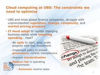 Cloud computing at UBS: The constraints we
need to optimize

• UBS and most global finance companies, struggle with
  unprecedented regulation, change, complexity, and
  market pricing pressure
• IT must adapt to rapidly changing
  business needs while lowering
  spending… How?
  −Be agile to start, stop, scale
   projects with less investment
  −Implement policy to embed
   governance, control, transparency
  −Improve standardization
  −Reduce risk in operating
   environments
      − Automate routine tasks
                                                         13
 
