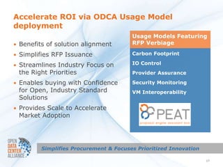 Accelerate ROI via ODCA Usage Model
deployment
                                        Usage Models Featuring
• Benefits of solution alignment        RFP Verbiage

• Simplifies RFP Issuance               Carbon Footprint

• Streamlines Industry Focus on         IO Control
 the Right Priorities                   Provider Assurance

• Enables buying with Confidence        Security Monitoring
 for Open, Industry Standard            VM Interoperability
 Solutions
• Provides Scale to Accelerate
 Market Adoption




         Simplifies Procurement & Focuses Prioritized Innovation

                                                                   17
 