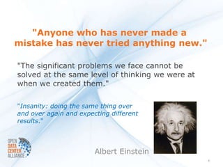 "Anyone who has never made a
mistake has never tried anything new."

"The significant problems we face cannot be
solved at the same level of thinking we were at
when we created them."

"Insanity: doing the same thing over
and over again and expecting different
results."



                        Albert Einstein
                                                  4
 