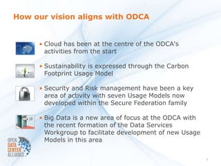 How our vision aligns with ODCA


     • Cloud has been at the centre of the ODCA's
       activities from the start

     • Sustainability is expressed through the Carbon
       Footprint Usage Model

     • Security and Risk management have been a key
       area of activity with seven Usage Models now
       developed within the Secure Federation family

     • Big Data is a new area of focus at the ODCA with
       the recent formation of the Data Services
       Workgroup to facilitate development of new Usage
       Models in this area


                                                          7
 