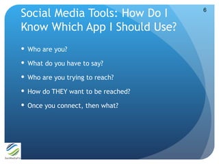 Social Media Tools: How Do I        6


Know Which App I Should Use?
 Who are you?

 What do you have to say?

 Who are...