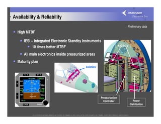 Availability & Reliability
                                                                               Preliminary data
  High MTBF

      IESI – Integrated Electronic Standby Instruments
                                                                         FADEC’s
           10 times better MTBF
      All main electronics inside pressurized areas
  Maturity plan
                                             Avionics




                                                        Pressurization
                                                          Controller                  Power
                                                                                   Distribution
 
