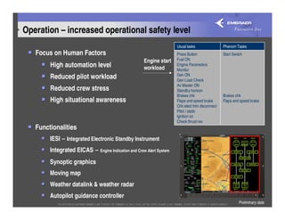 Operation – increased operational safety level
                                                                     Usual tasks                 Phenom Tasks
   Focus on Human Factors                                            Press Button                Start Switch
                                                     Engine start    Fuel ON
        High automation level                        workload
                                                                     Engine Parameters
                                                                     Monitor
                                                                     Gen ON
        Reduced pilot workload                                       Gen Load Check
                                                                     Av Master ON
        Reduced crew stress                                          Standby horizon
                                                                     Brakes chk                  Brakes chk
        High situational awareness                                   Flaps and speed brake       Flaps and speed brake
                                                                     Chk elect trim disconnect
                                                                     Pitot / static
                                                                     Ignition on
                                                                     Check thrust rev
   Functionalities
        IESI – Integrated Electronic Standby Instrument
        Integrated EICAS – Engine Indication and Crew Alert System
        Synoptic graphics
        Moving map
        Weather datalink & weather radar
        Autopilot guidance controller
                                                                                                          Preliminary data
 