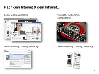 Nach dem Internet & dem Intranet…
19
Social Media Monitoring: historische Archivierung
(Kampagnen):
Online-Banking, Trading, Beratung: Mobile Banking, Trading, Beratung:
 