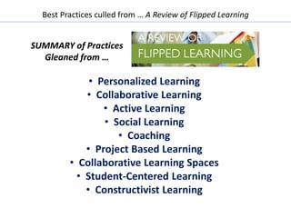 Best Practices culled from … A Review of Flipped Learning
SUMMARY of Practices
Gleaned from …
• Personalized Learning
• Collaborative Learning
• Active Learning
• Social Learning
• Coaching
• Project Based Learning
• Collaborative Learning Spaces
• Student-Centered Learning
• Constructivist Learning
 
