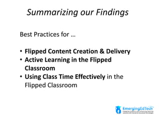 Summarizing our Findings
Best Practices for …
• Flipped Content Creation & Delivery
• Active Learning in the Flipped
Classroom
• Using Class Time Effectively in the
Flipped Classroom
 