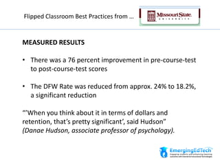 MEASURED RESULTS
• There was a 76 percent improvement in pre-course-test
to post-course-test scores
• The DFW Rate was reduced from approx. 24% to 18.2%,
a significant reduction
“’When you think about it in terms of dollars and
retention, that’s pretty significant’, said Hudson”
(Danae Hudson, associate professor of psychology).
Flipped Classroom Best Practices from …
 