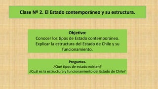 Clase Nº 2. El Estado contemporáneo y su estructura.
Objetivo:
Conocer los tipos de Estado contemporáneo.
Explicar la estructura del Estado de Chile y su
funcionamiento.
Preguntas.
¿Qué tipos de estado existen?
¿Cuál es la estructura y funcionamiento del Estado de Chile?
 