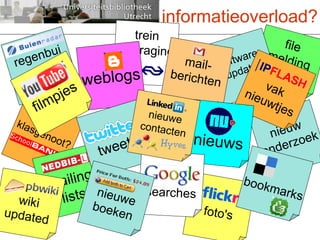 informatieoverload? foto's file melding trein vertraging klasgenoot? nieuw onderzoek regenbui software update mail- berichten weblogs mailing lists vak nieuwtjes tweets nieuws bookmarks youtube filmpjes searches wiki updated nieuwe contacten nieuwe boeken 