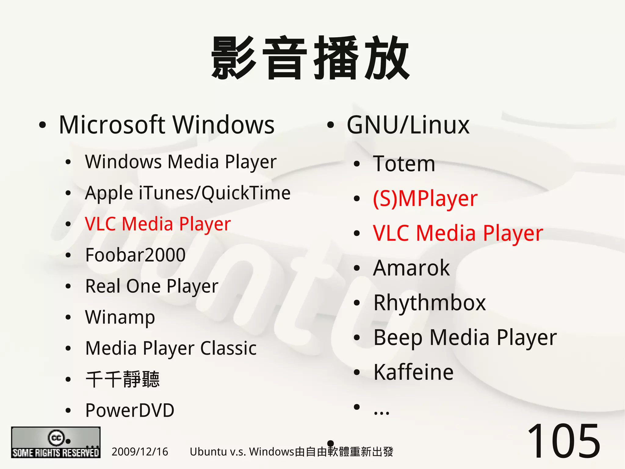 影音播放
●   Microsoft Windows                        ●   GNU/Linux
    ●   Windows Media Player                     ●   Totem
    ●   Apple iTunes/QuickTime                   ●   (S)MPlayer
    ●   VLC Media Player                         ●   VLC Media Player
    ●   Foobar2000                               ●   Amarok
    ●   Real One Player
                                                 ●   Rhythmbox
    ●   Winamp
    ●   Media Player Classic
                                                 ●   Beep Media Player
    ●   千千靜聽
                                                 ●   Kaffeine
    ●   PowerDVD                                 ●   ...
    ●   ...   2009/12/16
                                                 ●
                           Ubuntu v.s. Windows由自由軟體重新出發            105
 