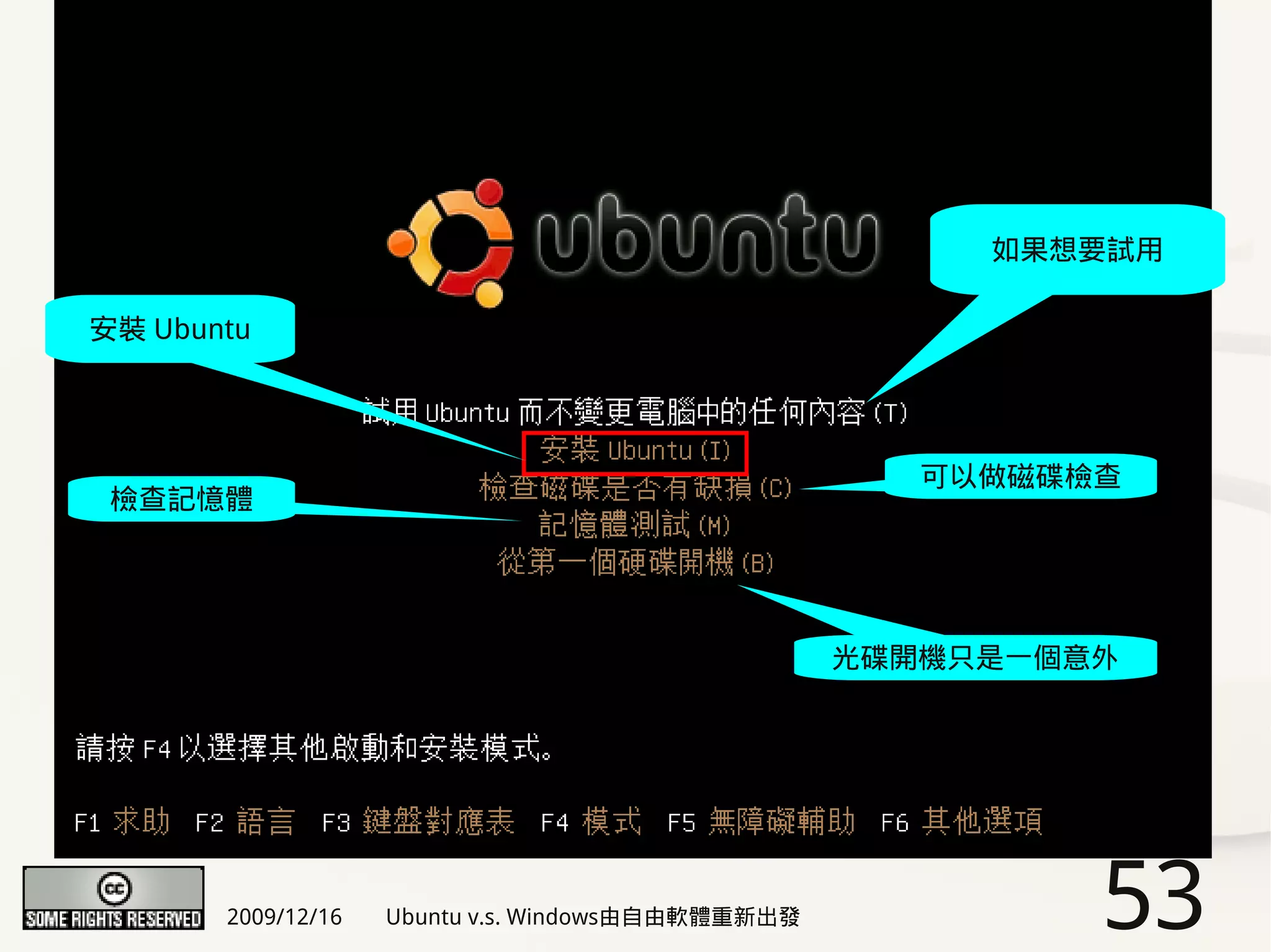 如果想要試用

安裝 Ubuntu




                                                      可以做磁碟檢查
 檢查記憶體




                                                   光碟開機只是一個意外




       2009/12/16   Ubuntu v.s. Windows由自由軟體重新出發            53
 