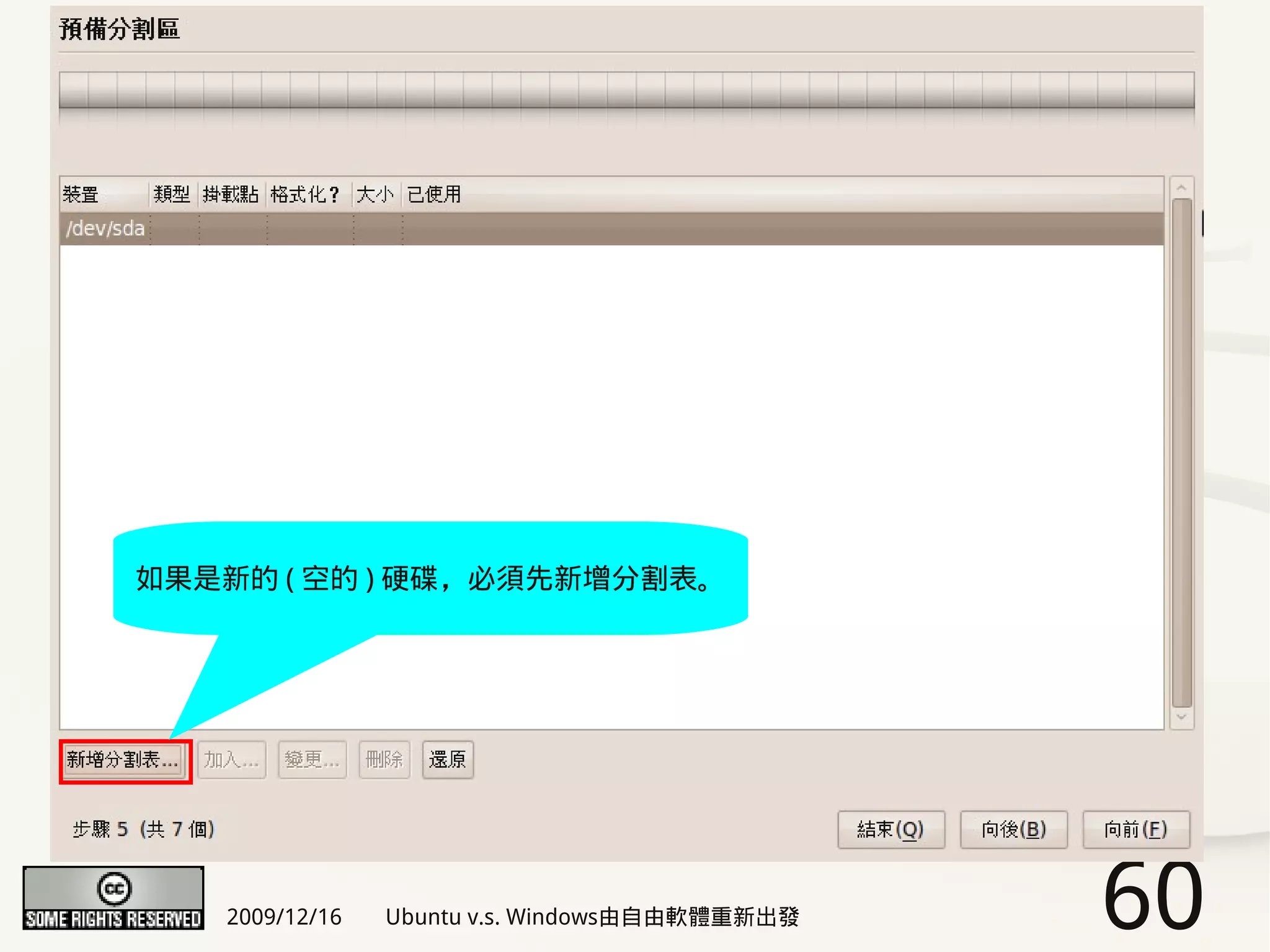 如果是新的 ( 空的 ) 硬碟，必須先新增分割表。




   2009/12/16   Ubuntu v.s. Windows由自由軟體重新出發   60
 