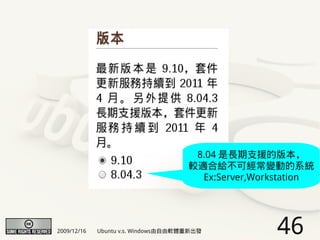 8.04 是長期支援的版本，
                                     較適合給不可經常變動的系統
                                       Ex:Server,Workstation




2009/12/16   Ubuntu v.s. Windows由自由軟體重新出發            46
 