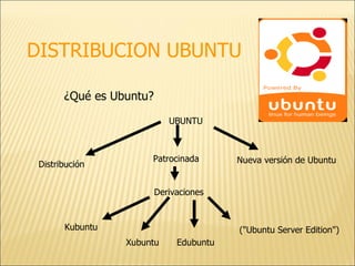 DISTRIBUCION UBUNTU ¿Qué es Ubuntu? UBUNTU Distribución Patrocinada Derivaciones ("Ubuntu Server Edition")  Nueva versión de Ubuntu  Kubuntu  Xubuntu Edubuntu  