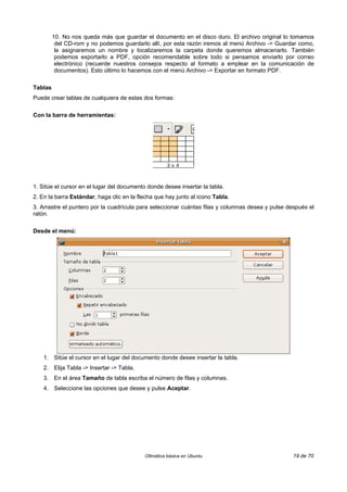 10. No nos queda más que guardar el documento en el disco duro. El archivo original lo tomamos
          del CD-rom y no podemos guardarlo allí, por esta razón iremos al menú Archivo -> Guardar como,
          le asignaremos un nombre y localizaremos la carpeta donde queremos almacenarlo. También
          podemos exportarlo a PDF, opción recomendable sobre todo si pensamos enviarlo por correo
          electrónico (recuerde nuestros consejos respecto al formato a emplear en la comunicación de
          documentos). Esto último lo hacemos con el menú Archivo -> Exportar en formato PDF.

Tablas
Puede crear tablas de cualquiera de estas dos formas:

Con la barra de herramientas:




1. Sitúe el cursor en el lugar del documento donde desee insertar la tabla.
2. En la barra Estándar, haga clic en la flecha que hay junto al icono Tabla.
3. Arrastre el puntero por la cuadrícula para seleccionar cuántas filas y columnas desea y pulse después el
ratón.

Desde el menú:




    1. Sitúe el cursor en el lugar del documento donde desee insertar la tabla.
    2. Elija Tabla -> Insertar -> Tabla.
    3. En el área Tamaño de tabla escriba el número de filas y columnas.
    4. Seleccione las opciones que desee y pulse Aceptar.




                                           Ofimática básica en Ubuntu                              19 de 70
 