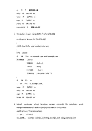ns IN A 192.168.0.1
smtp IN CNAME ns
www IN CNAME ns
cups IN CNAME ns
proxy IN CNAME ns
example IN A 192.168.0.1
5. Dilanjutkan dengan mengedit file /etc/bind/db.192
root@pcdot:~# nano /etc/bind/db.192
;
; BIND data file for local loopback interface
;
$TTL 604800
@ IN SOA ns.example.com. mail.example.com (
20100820 ; Serial
604800 ; Refresh
86400 ; Retry
2419200 ; Expire
604800 ) ; Negative Cache TTL
;
@ IN NS ns.
1 IN PTR ns.example.com.
www IN CNAME ns
smtp IN CNAME ns
cups IN CNAME ns
proxy IN CNAME ns
6. Setelah konfigurasi selesai lanjutkan dengan mengedit file /etc/hosts untuk
mengaktifkan beberapa domain yang ingin diaktifkan sebagai host
root@rahman:~# nano /etc/hosts
127.0.0.1 localhost
192.168.0.1 example example.com smtp.example.com proxy.example.com
 