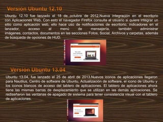 Ubuntu 12.10 fue lanzado el 18 de octubre de 2012.Nueva integración en el escritorio
con Aplicaciones Web. Con esto el navegador Firefox consulta al usuario si quiere integrar un
sitio como aplicación web, ello hace uso de notificaciones de escritorio, indicadores en el
lanzador,
acceso
al
menú
de
mensajería,
también
administrar
imágenes, contactos, documentos en las secciones Fotos, Social, Archivos y carpetas, además
de búsqueda de opciones de HUD.

Ubuntu 13.04, fue lanzado el 25 de abril de 2013.Nuevos iconos de aplicaciones llegaron
para Nautilus, Centro de software de Ubuntu, Actualización de software, el icono de Ubuntu y
los iconos blancos de acceso del tablero de aplicaciones. El tablero de aplicaciones ahora
tiene las mismas barras de desplazamiento que se utilizan en las demás aplicaciones. Se
rediseñaron las ventanas de apagado de sistema para tener consistencia visual con el tablero
de aplicaciones.

 
