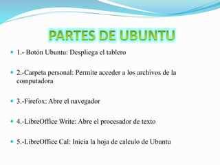  1.- Botón Ubuntu: Despliega el tablero
 2.-Carpeta personal: Permite acceder a los archivos de la
computadora
 3.-Firefox: Abre el navegador
 4.-LibreOffice Write: Abre el procesador de texto
 5.-LibreOffice Cal: Inicia la hoja de calculo de Ubuntu
 