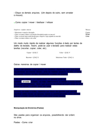 - Clique os demais arquivos. (Um depois do outro, sem arrastar 
o mouse). 
Como copiar / mover / desfazer / refazer 
Arquivos - copiar e mover Mouse 
- Selecionar o arquivo desejado. 
Copiar 
- Clicar no menu editar e na função desejada (copiar ou mover) 
Mover 
- Clicar no local para onde deseja que o arquivo seja copiado ou movido 
Colar 
- Clicar no menu editar e em colar 
Um modo muito rápido de realizar algumas funções é dado por teclas de 
atalho do teclado. Assim, pode-se usar o teclado para realizar estas 
tarefas (recortar, copiar, colar, etc). 
Copiar = [Ctrl] C Colar = [Ctrl] V 
Recortar = [Ctrl] X Selecionar Tudo = [Ctrl] A 
Outras maneiras de copiar / mover 
Podem ser abertas duas janelas do Nautilus. Ajuste-as para que sejam 
visualizadas ao mesmo tempo, uma na metade superior da tela, e outra, 
na metade inferior da tela, focalizando a pasta de destino. 
Para copiar / mover um objeto entre as janelas pode-se, 
também, arrastar o objeto, ou seja, selecioná-lo e manter o botão direito 
do mouse pressionado. Note que quando se chega ao lugar onde se quer 
copiar ou mover, o botão deve ser solto. 
Quando se solta o botão, aparece um menu de opções que permite 
escolher entre mover ou apenas copiar e, eventualmente, criar atalhos. 
Usa-se o botão direito tambem para criar novas pastas. 
Manipulação de Diretórios (Pastas) 
São usadas para organizar os arquivos, possibilitando dar ordem 
no drive. 
Pastas - Como criar 
 