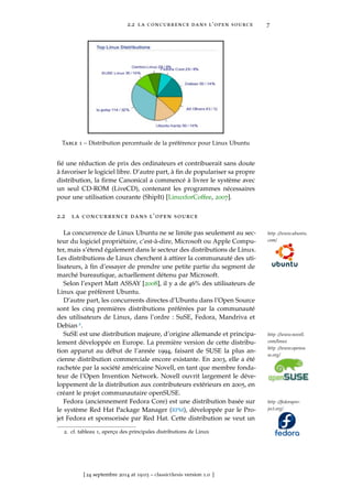 2.2 la concurrence dans l’open source 7
Table 1 – Distribution percentuale de la préférence pour Linux Ubuntu
ﬁé une réduction de prix des ordinateurs et contribuerait sans doute
à favoriser le logiciel libre. D’autre part, à ﬁn de populariser sa propre
distribution, la ﬁrme Canonical a commencé à livrer le système avec
un seul CD-ROM (LiveCD), contenant les programmes nécessaires
pour une utilisation courante (ShipIt) [LinuxforCoffee, 2007].
2.2 la concurrence dans l’open source
La concurrence de Linux Ubuntu ne se limite pas seulement au sec- http ://www.ubuntu.
com/teur du logiciel propriétaire, c’est-à-dire, Microsoft ou Apple Compu-
ter, mais s’étend également dans le secteur des distributions de Linux.
Les distributions de Linux cherchent à attirer la communauté des uti-
lisateurs, à ﬁn d’essayer de prendre une petite partie du segment de
marché bureautique, actuellement détenu par Microsoft.
Selon l’expert Matt ASSAY [2008], il y a de 46% des utilisateurs de
Linux que préfèrent Ubuntu.
D’autre part, les concurrents directes d’Ubuntu dans l’Open Source
sont les cinq premières distributions préférées par la communauté
des utilisateurs de Linux, dans l’ordre : SuSE, Fedora, Mandriva et
Debian 2.
SuSE est une distribution majeure, d’origine allemande et principa- http ://www.novell.
com/linux
http ://www.opensu
se.org/
lement développée en Europe. La première version de cette distribu-
tion apparut au début de l’année 1994, faisant de SUSE la plus an-
cienne distribution commerciale encore existante. En 2003, elle a été
rachetée par la société américaine Novell, en tant que membre fonda-
teur de l’Open Invention Network. Novell ouvrit largement le déve-
loppement de la distribution aux contributeurs extérieurs en 2005, en
créant le projet communautaire openSUSE.
Fedora (anciennement Fedora Core) est une distribution basée sur http ://fedorapro-
ject.org/le système Red Hat Package Manager (RPM), développée par le Pro-
jet Fedora et sponsorisée par Red Hat. Cette distribution se veut un
2. cf. tableau 1, aperçu des principales distributions de Linux
[ 24 septembre 2014 at 19:03 – classicthesis version 1.0 ]
 