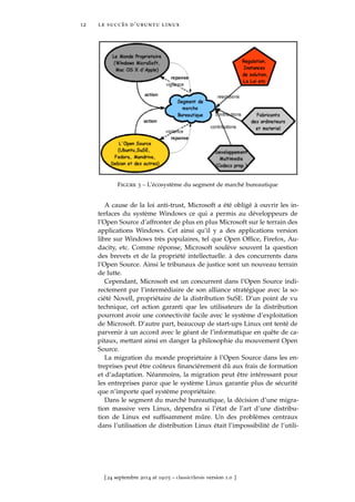 12 le succès d’ubuntu linux
Figure 3 – L’écosystème du segment de marché bureautique
A cause de la loi anti-trust, Microsoft a été obligé à ouvrir les in-
terfaces du système Windows ce qui a permis au développeurs de
l’Open Source d’affronter de plus en plus Microsoft sur le terrain des
applications Windows. Cet ainsi qu’il y a des applications version
libre sur Windows très populaires, tel que Open Ofﬁce, Firefox, Au-
dacity, etc. Comme réponse, Microsoft soulève souvent la question
des brevets et de la propriété intellectuelle. à des concurrents dans
l’Open Source. Ainsi le tribunaux de justice sont un nouveau terrain
de lutte.
Cependant, Microsoft est un concurrent dans l’Open Source indi-
rectement par l’intermédiaire de son alliance stratégique avec la so-
ciété Novell, propriétaire de la distribution SuSE. D’un point de vu
technique, cet action garanti que les utilisateurs de la distribution
pourront avoir une connectivité facile avec le système d’exploitation
de Microsoft. D’autre part, beaucoup de start-ups Linux ont tenté de
parvenir à un accord avec le géant de l’informatique en quête de ca-
pitaux, mettant ainsi en danger la philosophie du mouvement Open
Source.
La migration du monde propriétaire à l’Open Source dans les en-
treprises peut être coûteux ﬁnancièrement dû aux frais de formation
et d’adaptation. Néanmoins, la migration peut être intéressant pour
les entreprises parce que le système Linux garantie plus de sécurité
que n’importe quel système propriétaire.
Dans le segment du marché bureautique, la décision d’une migra-
tion massive vers Linux, dépendra si l’état de l’art d’une distribu-
tion de Linux est sufﬁsamment mûre. Un des problèmes centraux
dans l’utilisation de distribution Linux était l’impossibilité de l’utili-
[ 24 septembre 2014 at 19:03 – classicthesis version 1.0 ]
 