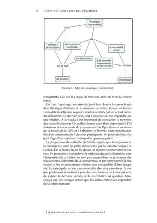 18 l’avantage concurrentiel dynamique
Figure 6 – Map de l’avantage concurrentiel
concurrents. Car, s’il n’y a pas de réaction, alors on évite la concur-
rence.
Ce type d’avantage concurrentiel peut être observé à travers le mo-
dèle théorique d’actions et de réactions de Smith, Grimm et Ganon.
Le modèle montre une séquence d’actions initiée par un acteur contre
un concurrent Ce dernier peut, soit s’abstenir ou soit répondre par
une réaction. À ce stade, il est important de considérer la moyenne
des délais de réaction. Ce modèle donne une valeur importante à l’in-
formation et à son mode de propagation. En Open Source, en raison
de la nature de la GPL et à l’absence de brevets, toute modiﬁcation
doit être communiquée à d’autres participants. On pourrait donc dire
qu’il s’agit d’un système d’information presque parfait.
Le programme de recherche de Smith, signale que les réponses de
la concurrence sont en partie inﬂuencées par les caractéristiques de
l’action. De la même façon, les délais de réponse varient selon le sec-
teur. On pourrait se demander si la variation des coûts ﬁnanciers pour
l’entreprise dûs à l’action ne sont pas susceptibles de provoquer des
réactions très différentes de la concurrence, et par conséquence, il faut
évaluer si les investissements réalisés sont susceptibles d’être récupé-
rés. La principale action concurrentielle des cinq premières ﬁrmes
que produisent et mettent à jour des distributions de Linux est celle
de publier la dernière version de la distribution en question. Dans
chaque cas, est presque certain que les autres entreprises répondent
de la même manière.
[ 24 septembre 2014 at 19:03 – classicthesis version 1.0 ]
 