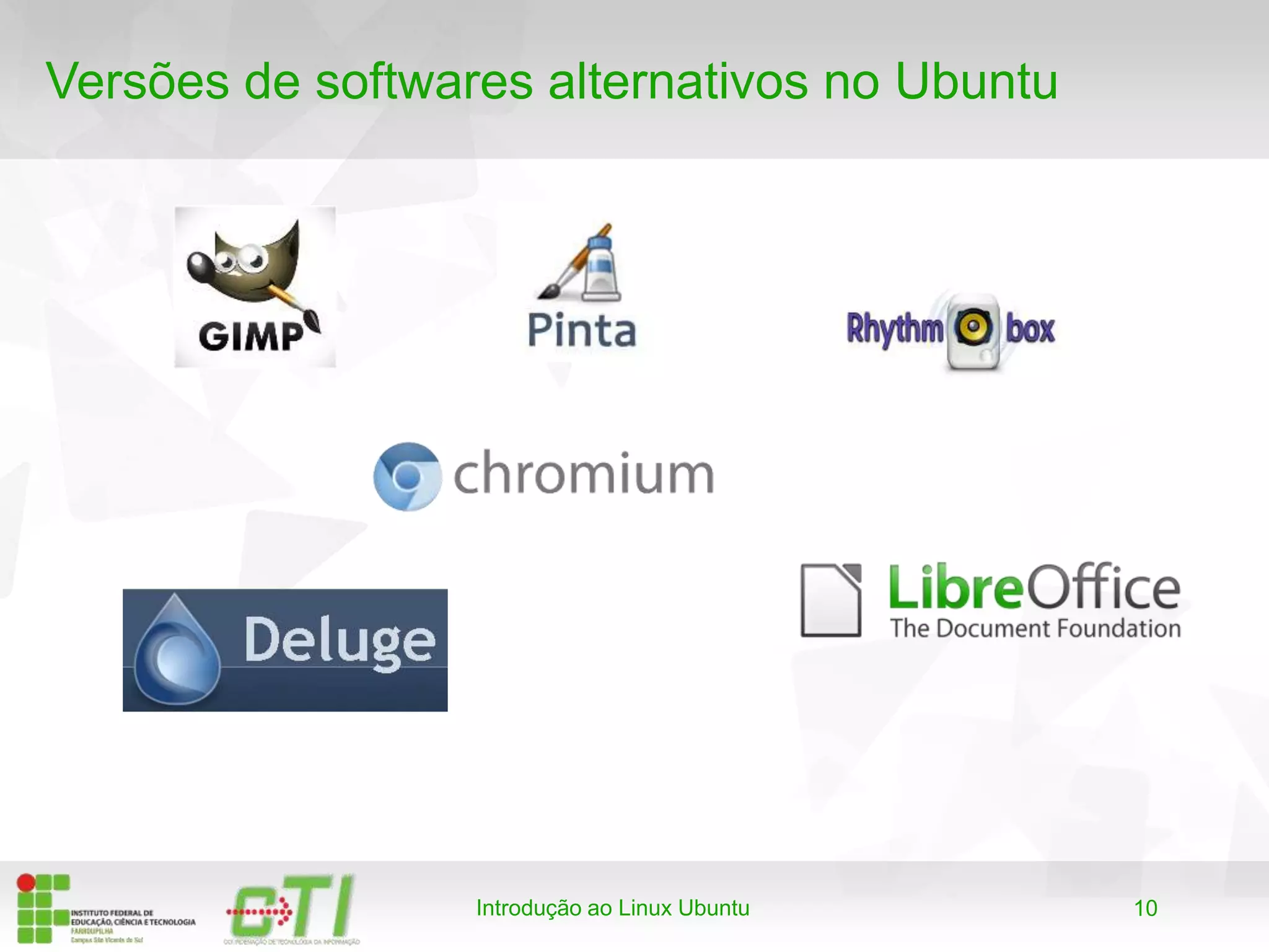 10
Versões de softwares alternativos no Ubuntu
Introdução ao Linux Ubuntu
 