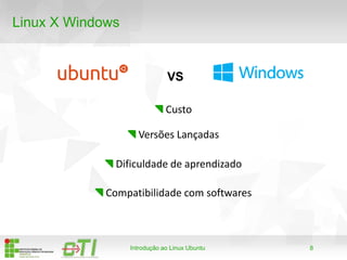 8
Linux X Windows
Introdução ao Linux Ubuntu
Custo
Versões Lançadas
Dificuldade de aprendizado
Compatibilidade com softwares
VS
 