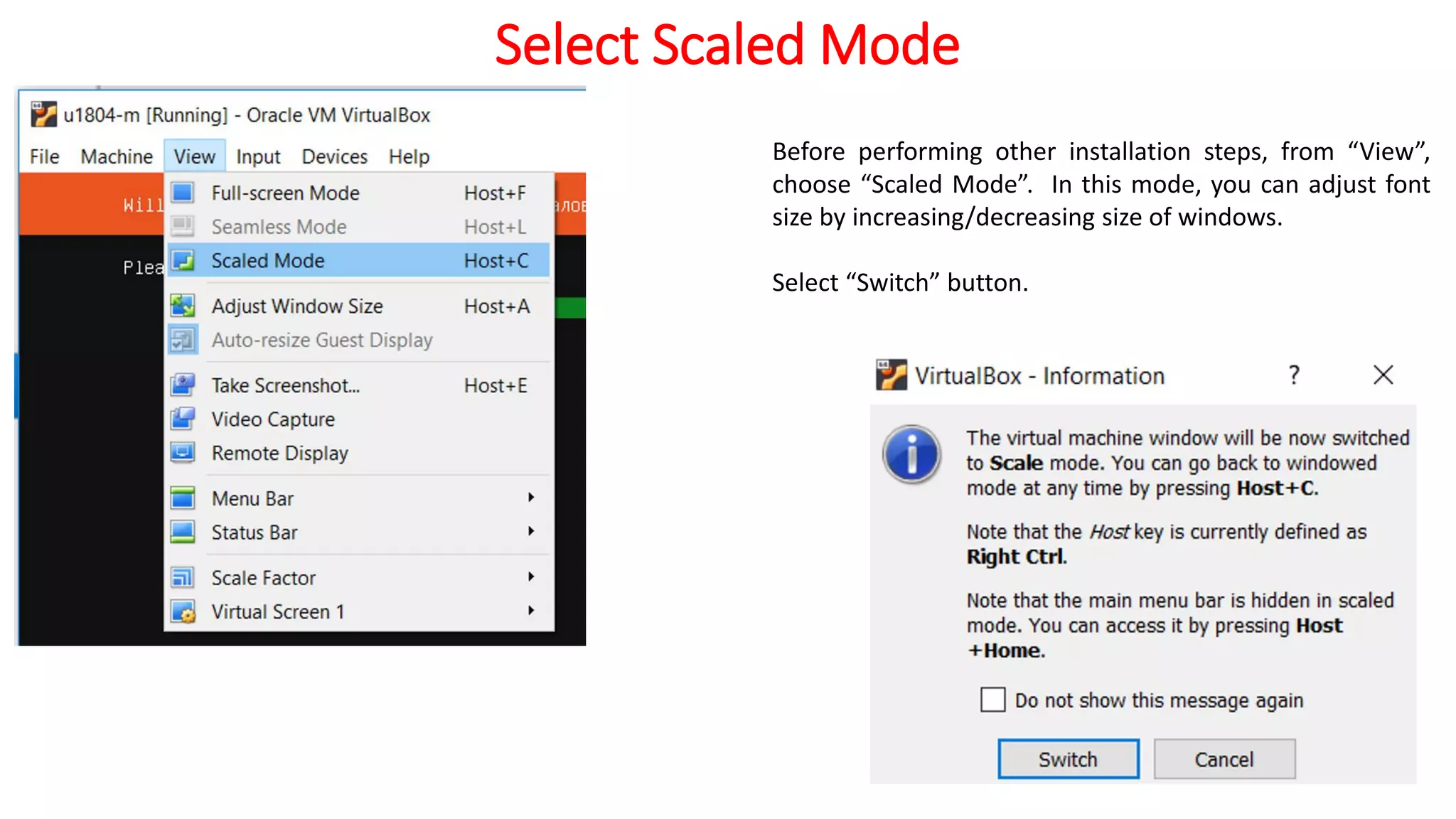 Select Scaled Mode
Before performing other installation steps, from “View”,
choose “Scaled Mode”. In this mode, you can adjust font
size by increasing/decreasing size of windows.
Select “Switch” button.
 