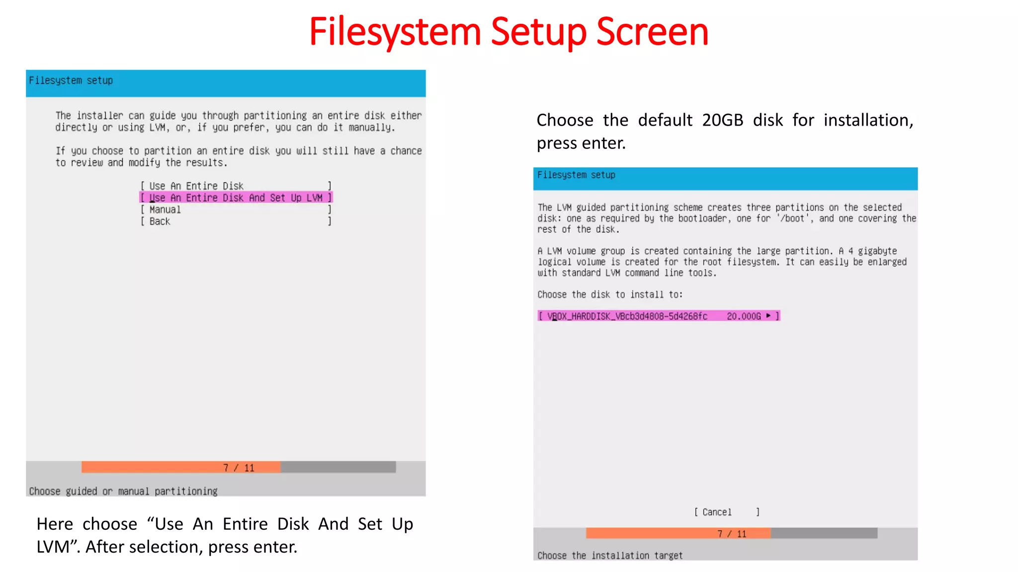 Filesystem Setup Screen
Here choose “Use An Entire Disk And Set Up
LVM”. After selection, press enter.
Choose the default 20GB disk for installation,
press enter.
 