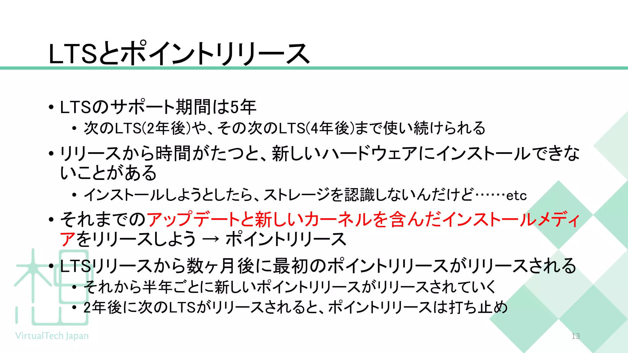 LTSとポイントリリース
• LTSのサポート期間は5年
• 次のLTS(2年後)や、その次のLTS(4年後)まで使い続けられる
• リリースから時間がたつと、新しいハードウェアにインストールできな
いことがある
• インストールしようとしたら、ストレージを認識しないんだけど……etc
• それまでのアップデートと新しいカーネルを含んだインストールメディ
アをリリースしよう → ポイントリリース
• LTSリリースから数ヶ月後に最初のポイントリリースがリリースされる
• それから半年ごとに新しいポイントリリースがリリースされていく
• 2年後に次のLTSがリリースされると、ポイントリリースは打ち止め
13
 