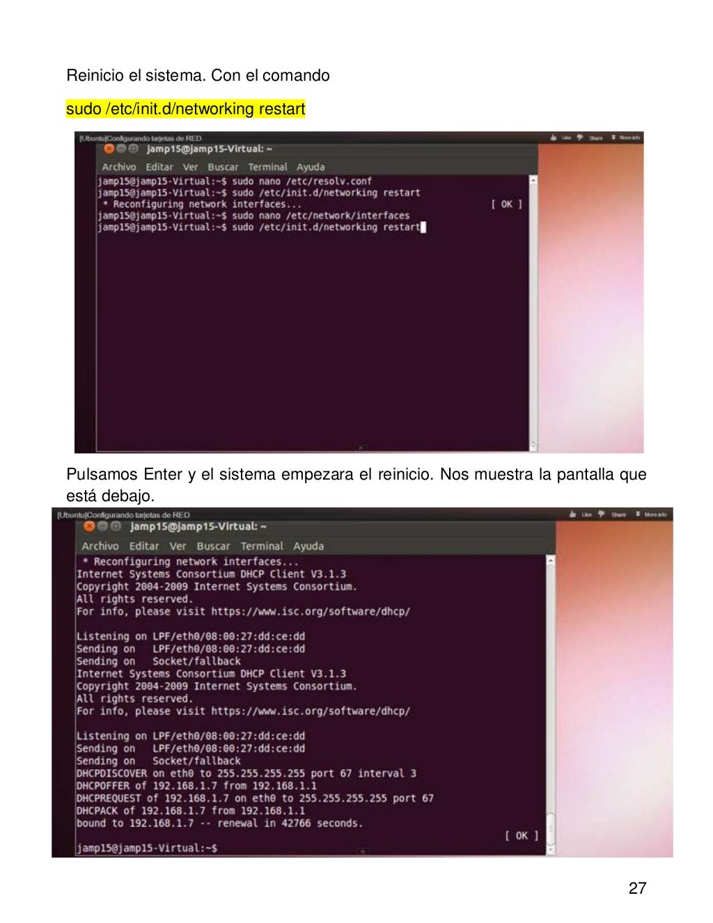 Ubuntu. configurar tarjeta de red mediante lineas de comando