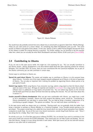 About Ubuntu                                                                                   Muktware Ubuntu Manual




                                              Figure 3.2: Ubuntu Releases



 You would have also probably noticed that every release has an animal with an agnomen label (hint- Warthy Wartog).
 These are just code names of a certain release. It’s something that Mark Shuttleworth came up with. The name
 stronly co-relates to the goals of that release. In this case, Ubuntu 12.04 is called Precise Pangolin because the focus
 of this release to polish the existing features to precision. For further reading, you are directed to see this youtube
 video here, where you can actually see what Mark Shuttleworth said about Ubuntu 10.04 Lucid Lynx (Ubucon2009).




 3.4     Contributing to Ubuntu
 If you are new to the open source world, this might be a bit surprising for you. You can actually contribute to
 the Ubuntu project. Ubuntu development is not done behind closed doors like other operating systems for instance
 Windows, Unix and Mac OSX. Of course, there are main contributors like the Canonical employees, but as part of
 the Ubuntu community you can also contribute in certain ways.

 Certain ways to contribute to Ubuntu are,

 Spread the word about Ubuntu The easiest and simplest way to contribute to Ubuntu is to let everyone know
      about Ubuntu. Currently, one of the major stoppers towards widespread use of Ubuntu is the lack of awareness
      of Ubuntu. You can play an important role in solving this problem by organising Ubuntu release parties or by
      just word of mouth.
 Submit bug reports While using Ubuntu if you encounter any bug, submit a bug report so that the Ubuntu devel-
     opers are aware of the issue. All bugs are reported and tracked in Launchpad. It is a bug tracker that aids the
     software team to collaborate on bug reports and provide ﬁxes. You can submit bug reports via the terminal
     and the dash (you’ll ﬁnd out about terminal more later by reading this manual). You can read more about this
     in section 8.4.
 Involve yourself in Ubuntu development After you get more comfortable with Ubuntu, you might have a wish
       to aid in developing it someday. Ubuntu has many projects like desktop, server, kernel etc. Contributing to
       Ubuntu development can take place in various levels. You can help by being a translator, programmer or by
       contributing as graphic designer. The options are endless. You can read more about contributing here .

 In the open source world you always start as a volunteer. Starting small, you can gradually climb the ladder from
 being a volunteer to perhaps an Ubuntu Member or a Canonical employee. Linus Torvalds started working on his
 pet project. This project turned big to be called the Linux kernel which can now be found everywhere from mobiles,
 computers to small chips. As one of the main Linux kernel maintainers, namely Greg Kroah-Hartman, said: ”Once I
 was doing this for a hobby. Now I don’t have a hobby.”

 Its entirely up to you. It is Free libre open-source software (FLOSS). You can decide if you want to contribute to the
 open source world and continue the FLOSS philosophy. That means that you can help it grow and develop. You can
 even fork Ubuntu, change it to your liking and share it with others. With open source you are not tied with licences,
 patents or any other kind of constrictions.

                                                           10
 