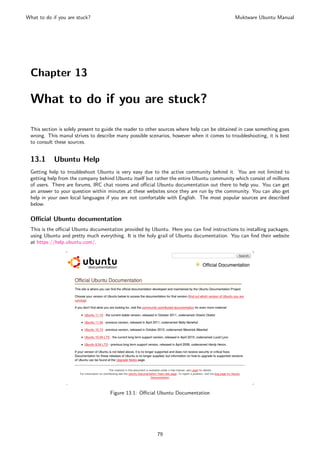 What to do if you are stuck?                                                                 Muktware Ubuntu Manual




 Chapter 13

 What to do if you are stuck?

 This section is solely present to guide the reader to other sources where help can be obtained in case something goes
 wrong. This manul strives to describe many possible scenarios, however when it comes to troubleshooting, it is best
 to consult these sources.


 13.1       Ubuntu Help
 Getting help to troubleshoot Ubuntu is very easy due to the active community behind it. You are not limited to
 getting help from the company behind Ubuntu itself but rather the entire Ubuntu community which consist of millions
 of users. There are forums, IRC chat rooms and oﬃcial Ubuntu documentation out there to help you. You can get
 an answer to your question within minutes at these websites since they are run by the community. You can also get
 help in your own local languages if you are not comfortable with English. The most popular sources are described
 below.

 Oﬃcial Ubuntu documentation
 This is the oﬃcial Ubuntu documentation provided by Ubuntu. Here you can ﬁnd instructions to installing packages,
 using Ubuntu and pretty much everything. It is the holy grail of Ubuntu documentation. You can ﬁnd their website
 at https://help.ubuntu.com/.




                                    Figure 13.1: Oﬃcial Ubuntu Documentation




                                                          79
 