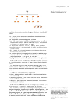   
/
media etc usr var home
ipod disco_usb bin lib log usuario
Documentos Música Imágenes
Figura 6.2: Algunos de los directorios más
importantes del sistema de archivos raíz
y archivos. Estos son los contenidos de algunos directorios esenciales del
sistema:
/bin y /sbin Muchas aplicaciones esenciales del sistema (equivalente a
C:Windows)
/etc Archivos de conﬁguración globales al sistema
/home Cada usuario tendrá un subdirectorio para almacenar sus archivos
personales (por ejemplo, /home/su-nombre-de-usuario, equivalente a
C:Usuarios o C:Documents and Settings)
/lib Archivos de bibliotecas, similares a archivos .dll en Windows
/media Directorio en el que se montarán los medios extraíbles (
y unidades )
/root Contiene los archivos del usuario «root» (administrador, no con-
fundirlo con el directorio raíz)
/usr Pronunciado «user» (usuario), contiene la mayoría de los archivos
de programa (no se debe confundir con el directorio personal de cada
usuario), equivalente a C:Archivos de Programa.
/var/log Contiene los archivos de registros escritos por las aplicaciones
Cada carpeta tiene una ruta. La ruta es el nombre completo de la carpe-
ta, y describe la manera de navegar a la carpeta desde cualquier lugar del
sistema.
Por ejemplo, el directorio /home/su-nombre-de-usuario/Escritorio
contiene todos los archivos que están en su escritorio de Ubuntu. La ruta
/home/su-nombre-de-usuario/Escritorio se puede trocear en las siguientes
partes clave:
. / – indica que la ruta empieza en la carpeta raíz
. home/ – desde el directorio raíz, la ruta va al directorio home (directo-
rios personales)
. su-nombre-de-usuario/ – desde el directorio home, la ruta va al directo-
rio su-nombre-de-usuario
. Escritorio – desde el directorio su-nombre-de-usuario, la ruta termina
en el directorio Escritorio
Cada directorio de Ubuntu tiene una ruta completa que comienza por /
(el directorio raíz) y termina en el propio nombre del directorio.
Los directorios y archivos que comienzan por un punto permanecen Si está creando un archivo o directorio desde
la línea de órdenes y quiere que esté oculto,
basta con que comience el nombre del archivo
o directorio con un punto (.). Esto informa al
sistema de archivos que ese archivo/directorio
debería estar oculto, a menos que se vea
expresamente mediante la opción para
ver archivos y carpetas ocultos de la IGU, o
mediante el parámetro apropiado de la línea
de órdenes.
ocultos. Normalmente solo son visibles mediante una orden especial o una
opción especíﬁca. En Nautilus puede mostrar los archivos y directorios
ocultos seleccionando Ver ‣ Mostrar arivos ocultos, o pulsando Ctrl+H.
Si está usando el terminal, debería teclear -a y pulsar Intro para ver
los archivos y directorios ocultos. Existen muchos directorios ocultos
 