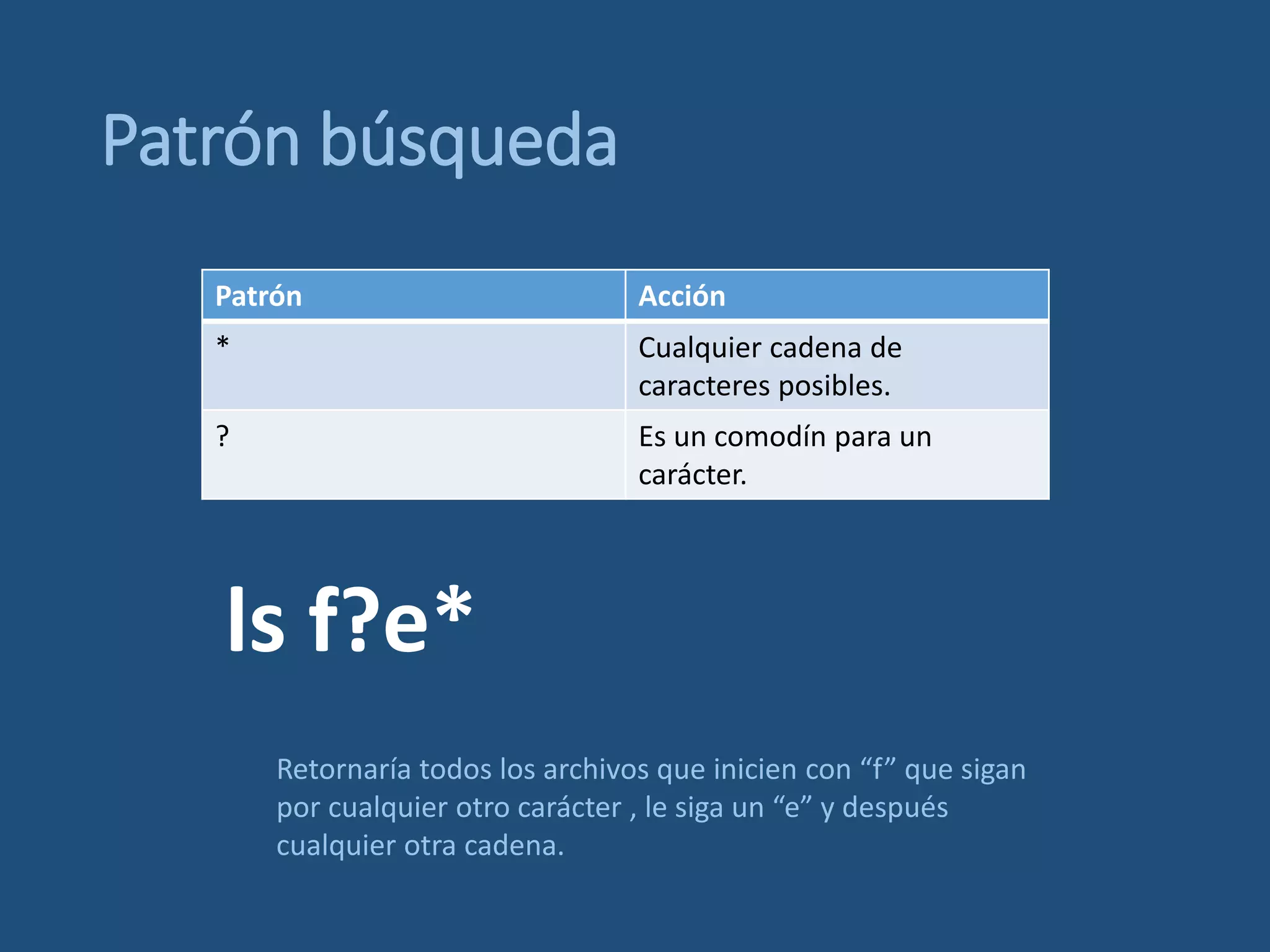 Patrón búsqueda
Patrón Acción
* Cualquier cadena de
caracteres posibles.
? Es un comodín para un
carácter.
ls f?e*
Retornaría todos los archivos que inicien con “f” que sigan
por cualquier otro carácter , le siga un “e” y después
cualquier otra cadena.
 