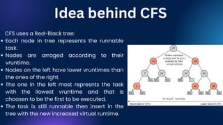 Each node in tree represents the runnable
task.
Nodes are arraged according to their
vruntime.
Nodes on the left have lower vruntimes than
the ones of the right.
The one in the left most represnts the task
with the llowest vruntime and that is
choosen to be the first to be executed.
The task is still runnable then insert in the
tree with the new increased virtual runtime.
CFS uses a Red-Black tree:
Idea behind CFS
 