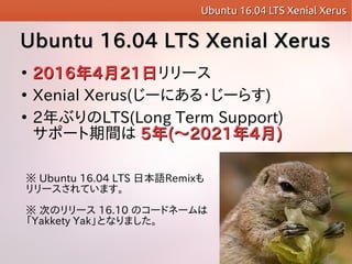 Ubuntu 16.04 LTS Xenial XerusUbuntu 16.04 LTS Xenial Xerus

20162016442121ե`

Xenial Xerus(`ˤ?`餹)

2֤LTS(Long Term Support)
ݩ`g 55((??2021202144))
Ubuntu 16.04 LTS Xenial XerusUbuntu 16.04 LTS Xenial Xerus
 Ubuntu 16.04 LTS ձZRemix
`Ƥޤ
 ΤΥ` 16.10 Υ`ɥͩ`
Yakkety YakȤʤޤ
 