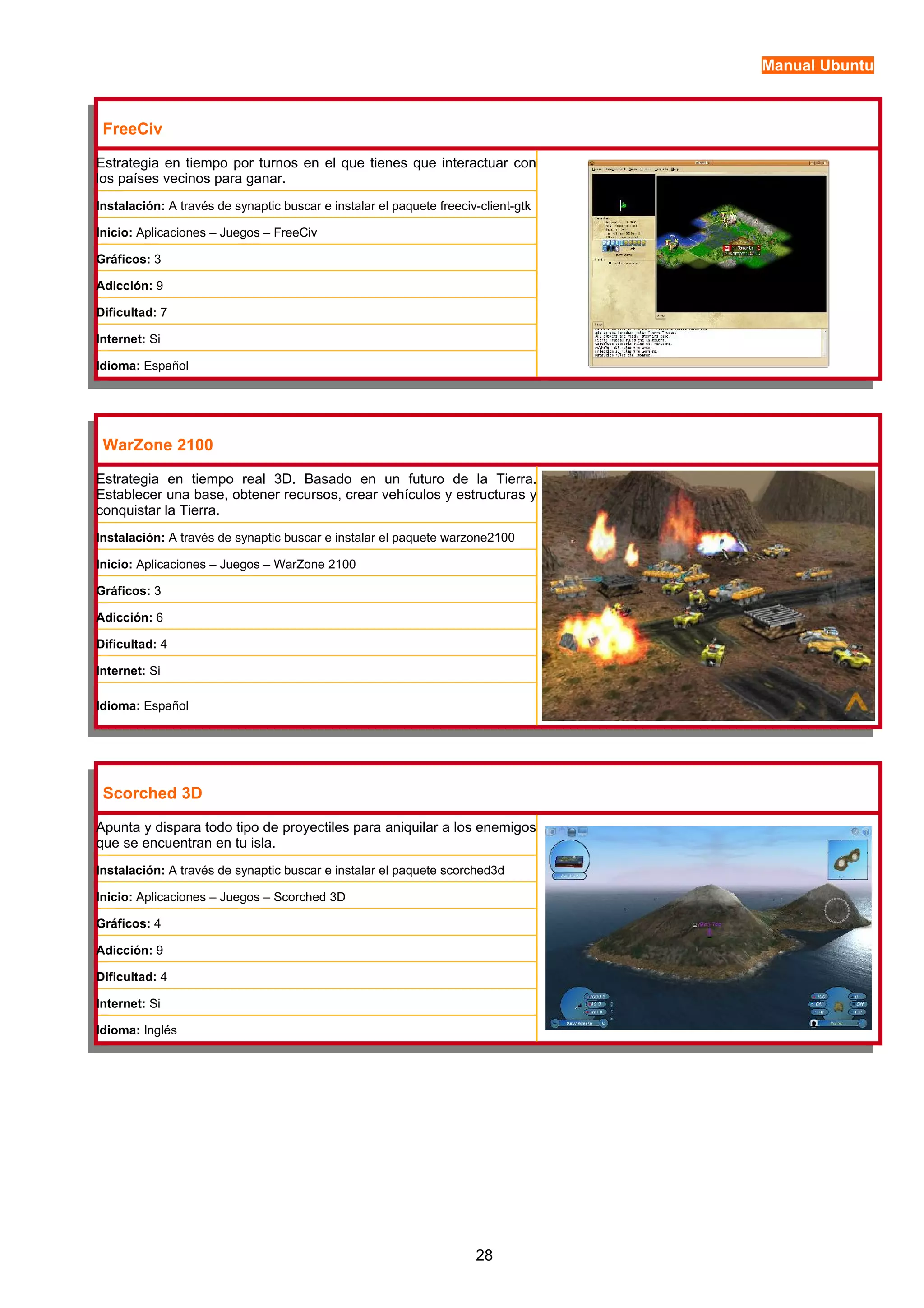 Manual Ubuntu 
FreeCiv 
Estrategia en tiempo por turnos en el que tienes que interactuar con 
los países vecinos para ganar. 
Instalación: A través de synaptic buscar e instalar el paquete freeciv-client-gtk 
Inicio: Aplicaciones – Juegos – FreeCiv 
Gráficos: 3 
Adicción: 9 
Dificultad: 7 
Internet: Si 
Idioma: Español 
WarZone 2100 
Estrategia en tiempo real 3D. Basado en un futuro de la Tierra. 
Establecer una base, obtener recursos, crear vehículos y estructuras y 
conquistar la Tierra. 
Instalación: A través de synaptic buscar e instalar el paquete warzone2100 
Inicio: Aplicaciones – Juegos – WarZone 2100 
Gráficos: 3 
Adicción: 6 
Dificultad: 4 
Internet: Si 
Idioma: Español 
Scorched 3D 
Apunta y dispara todo tipo de proyectiles para aniquilar a los enemigos 
que se encuentran en tu isla. 
Instalación: A través de synaptic buscar e instalar el paquete scorched3d 
Inicio: Aplicaciones – Juegos – Scorched 3D 
Gráficos: 4 
Adicción: 9 
Dificultad: 4 
Internet: Si 
Idioma: Inglés 
28 
 