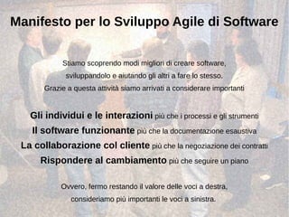 Manifesto per lo Sviluppo Agile di Software 
Stiamo scoprendo modi migliori di creare software, 
sviluppandolo e aiutando gli altri a fare lo stesso. 
Grazie a questa attività siamo arrivati a considerare importanti 
Gli individui e le interazioni più che i processi e gli strumenti 
Il software funzionante più che la documentazione esaustiva 
La collaborazione col cliente più che la negoziazione dei contratti 
Rispondere al cambiamento più che seguire un piano 
Ovvero, fermo restando il valore delle voci a destra, 
consideriamo più importanti le voci a sinistra. 
 