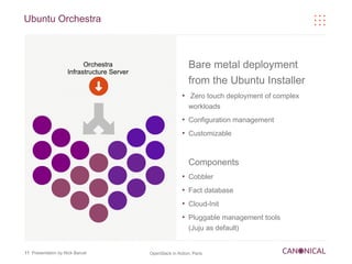 Ubuntu Orchestra



                          Orchestra                             Bare metal deployment
                    Infrastructure Server
                                                                from the Ubuntu Installer
                                                            ●
                                                                Zero touch deployment of complex
                                                                workloads
                                                            ●
                                                                Configuration management
                                                            ●
                                                                Customizable



                                                                Components
                                                            ●
                                                                Cobbler
                                                            ●
                                                                Fact database
                                                            ●
                                                                Cloud-Init
                                                            ●
                                                                Pluggable management tools
                                                                (Juju as default)


11 Presentation by Nick Barcet              OpenStack in Action, Paris
 