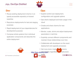 Juju, DevOps Distilled


Dev                                                  Ops
●
    Reuse existing deployment charms in an       ●
                                                     Explicit control over deployment,
    openly-accessible repository of shared           configuration and upgrade options
    expertise                                    ●
                                                     See what’s deployed and track usage in the
●
    Reproduce deployments for test and staging       cloud
    purposes                                     ●
                                                     Create and share charms for new
●
    Rapid deployment of your dependencies for        applications
    development purposes                         ●
                                                     Monitor, scale, shrink and adjust deployment
●
    Compose whole systems from individual            parameters in real time
    application components and describe the      ●
                                                     Explicitly connect different components and
    entire deployment                                maintain those relationships over time
                                                 ●
                                                     Collaborate with developers on the exact
                                                     deployment and upgrade processes
                                                 ●
                                                     Get more done: implement decisions

                                      http://juju.ubuntu.com regardless of infrastructure
                                                    immediately
                                                     scale
26 Presentation by Nick Barcet
 