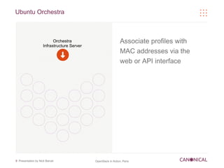 Ubuntu Orchestra



                           Orchestra                            Associate profiles with
                     Infrastructure Server
                                                                MAC addresses via the
                                                                web or API interface




9 Presentation by Nick Barcet                OpenStack in Action, Paris
 