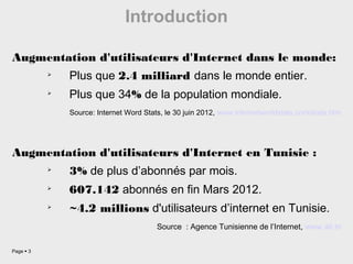 Introduction

Augmentation d'utilisateurs d'Internet dans le monde:
           ➢
               Plus que 2.4 milliard dans le monde entier.
           ➢
               Plus que 34% de la population mondiale.
               Source: Internet Word Stats, le 30 juin 2012, www.internetworldstats.com/stats.htm




Augmentation d'utilisateurs d'Internet en Tunisie :
           ➢
               3% de plus d’abonnés par mois.
           ➢
               607.142 abonnés en fin Mars 2012.
           ➢
               ~4.2 millions d'utilisateurs d’internet en Tunisie.
                                         Source : Agence Tunisienne de l’Internet, www.ati.tn


Page  3
 