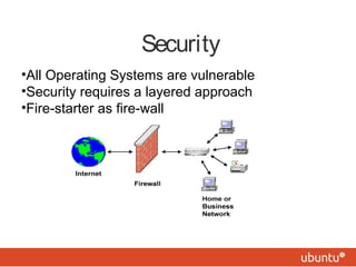 •All Operating Systems are vulnerable
•Security requires a layered approach
•Fire-starter as fire-wall
Client host
Firewall host
Security
 
